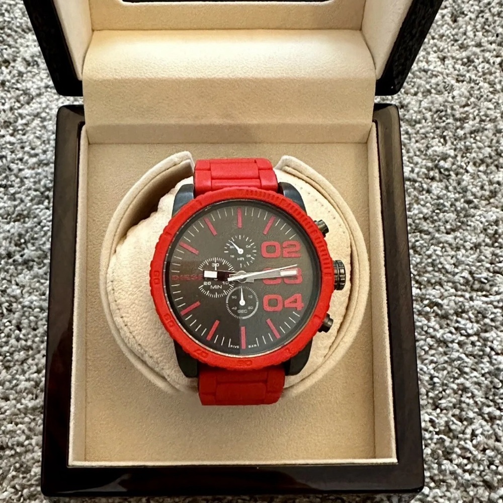 Diesel Mr. Daddy Watch - Five Bar Red Stainless Steel Case w/ Red Silicone Strap
